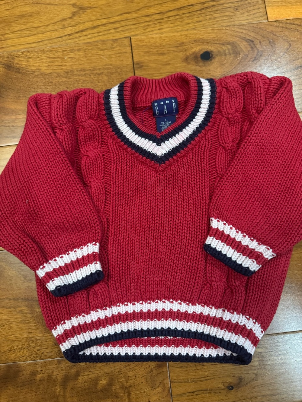 GAP Red Cable-Knit V-Neck Sweater with Navy and White Stripe Trim- 12 - 18 month